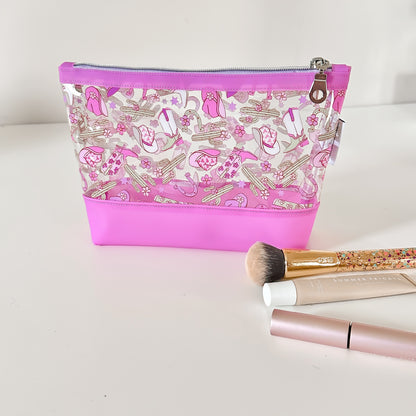 clear cosmetic makeup bag with a cowgirl pattern 