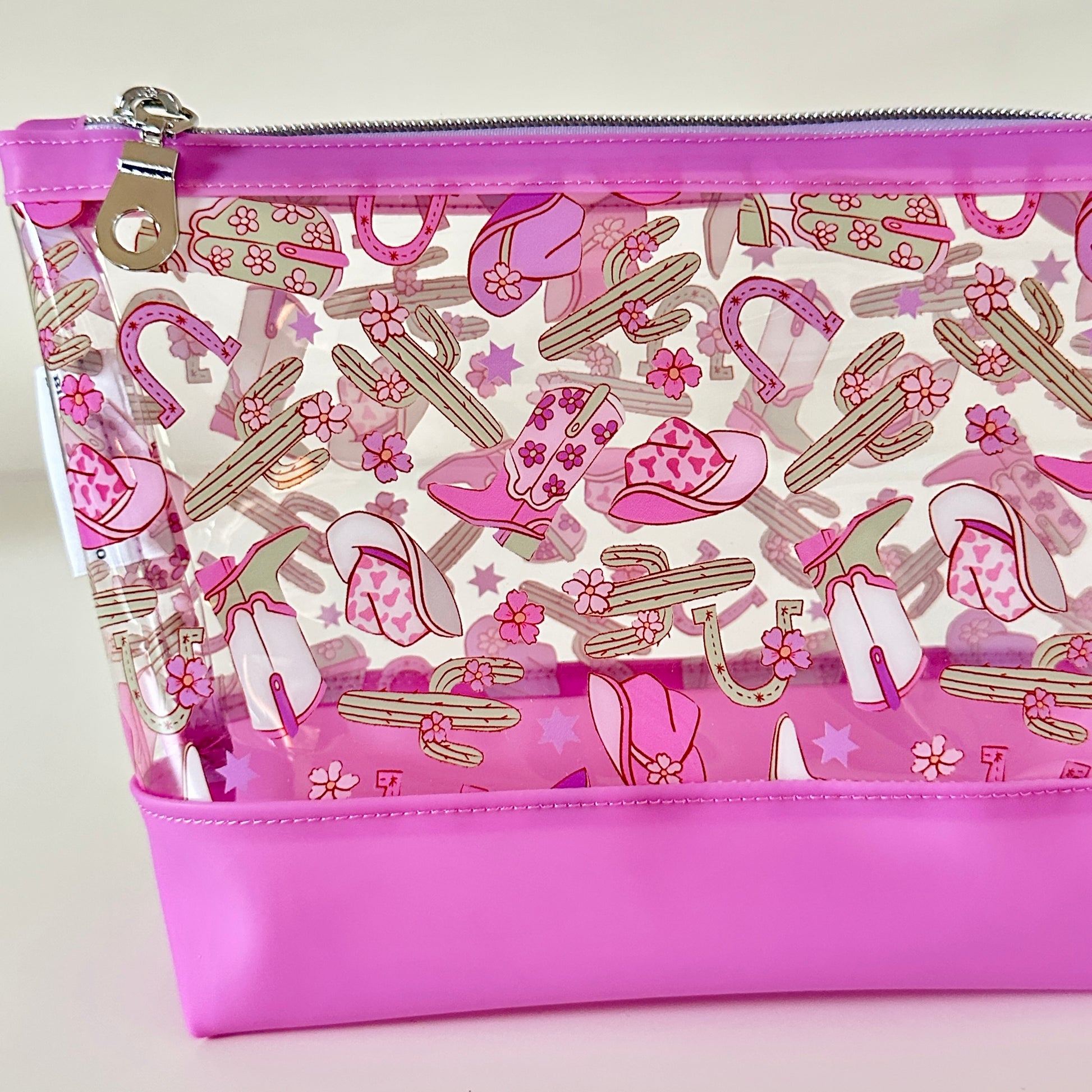 clear cosmetic makeup bag with a cowgirl pattern 