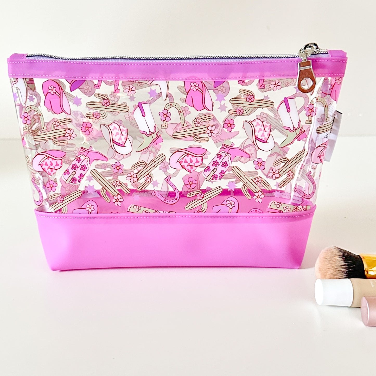 clear cosmetic makeup bag with a cowgirl pattern 
