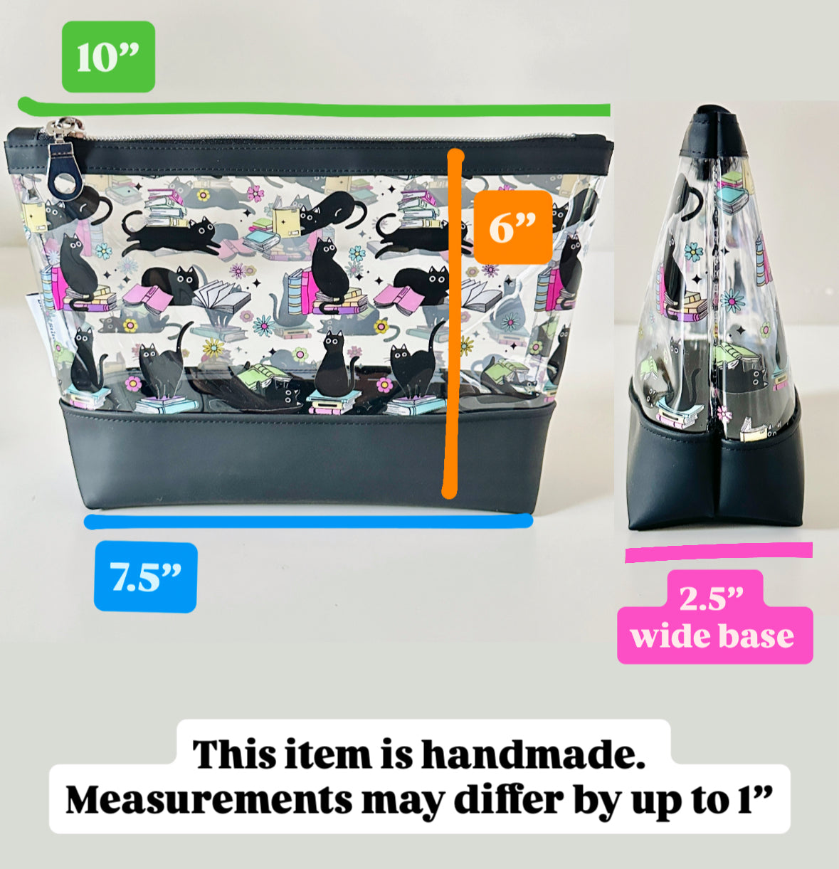 Handmade pouch with cat pattern and measurements on a light gray background