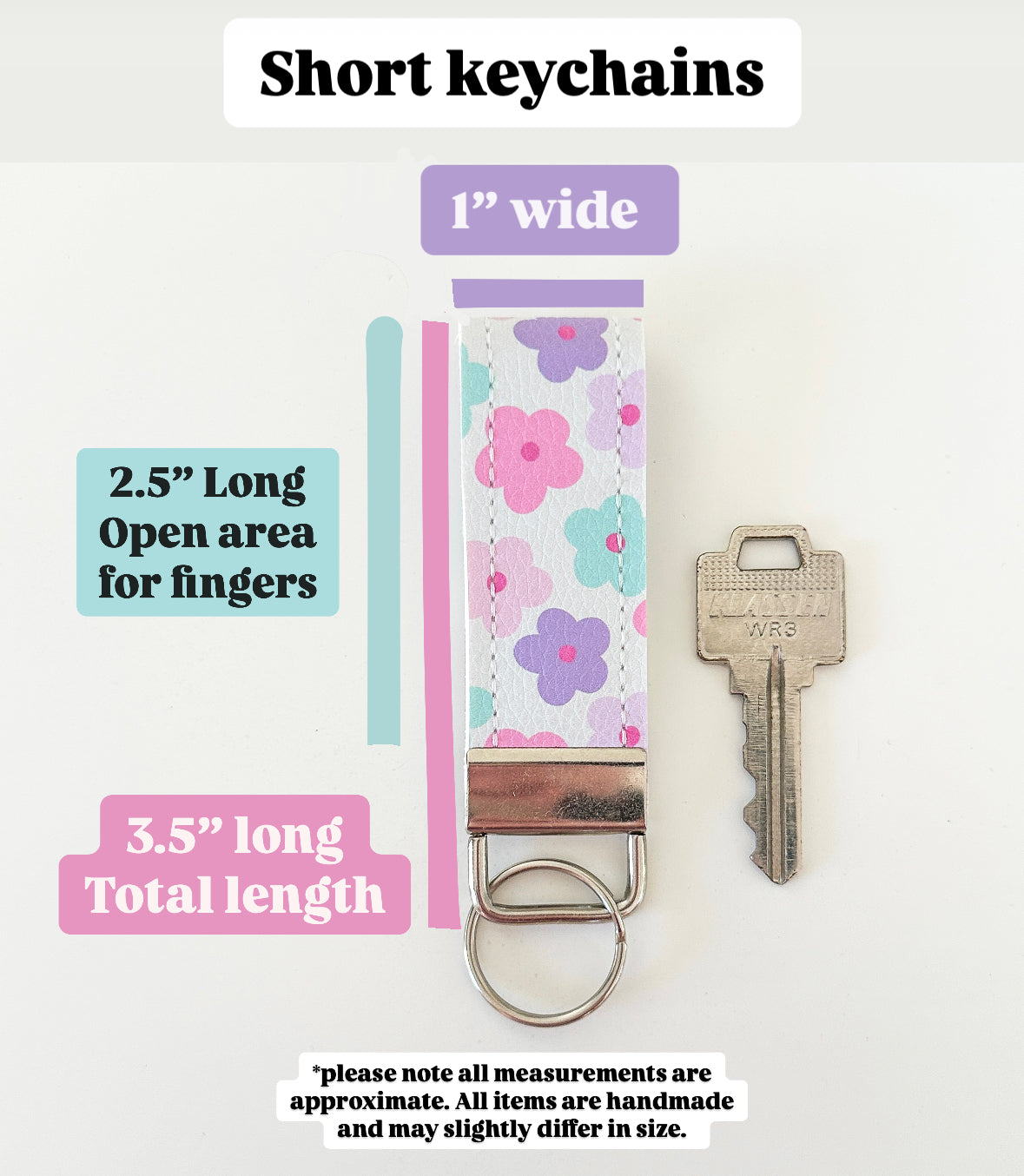 Floral keychain with measurements on a white background