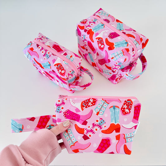 pink cowgirl patterned cotton makeup cosmetic bags 