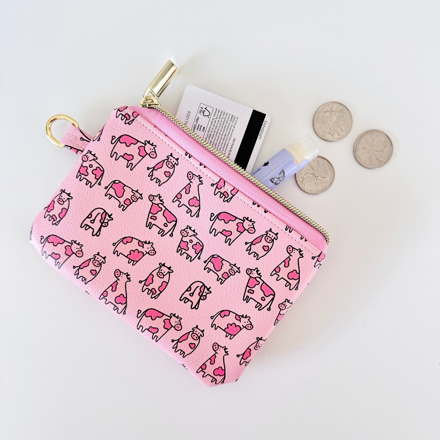 pink cow coin purse made from vegan leather