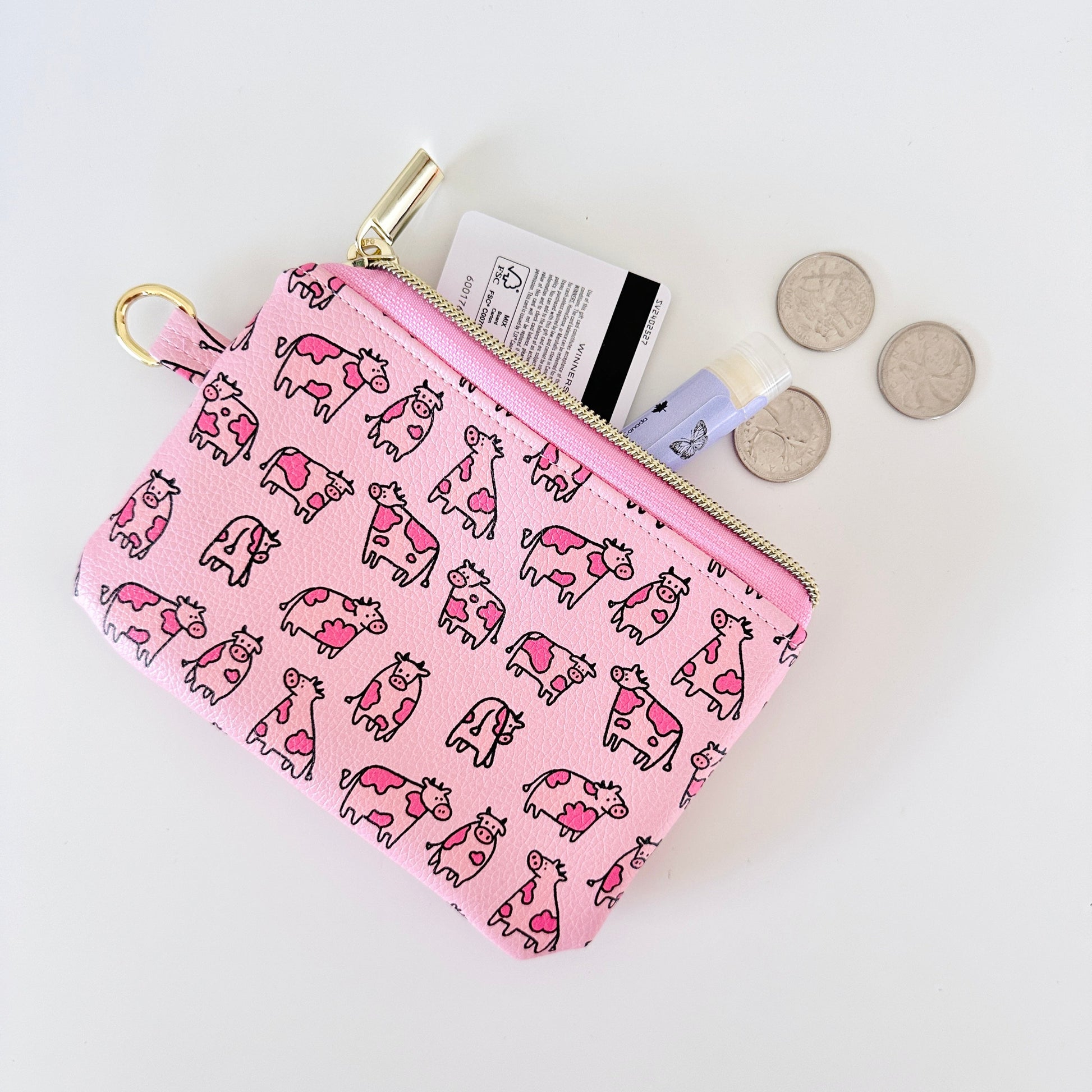 pink cow coin purse made from vegan leather