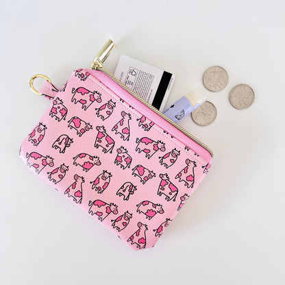 pink cow coin purse made from vegan leather