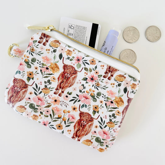 white highland cow coin purse made from vegan leather. 