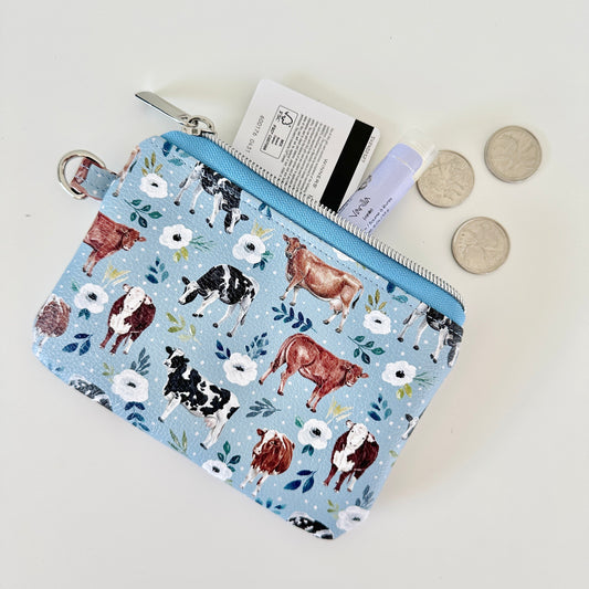 blue floral cow vegan leather coin purse