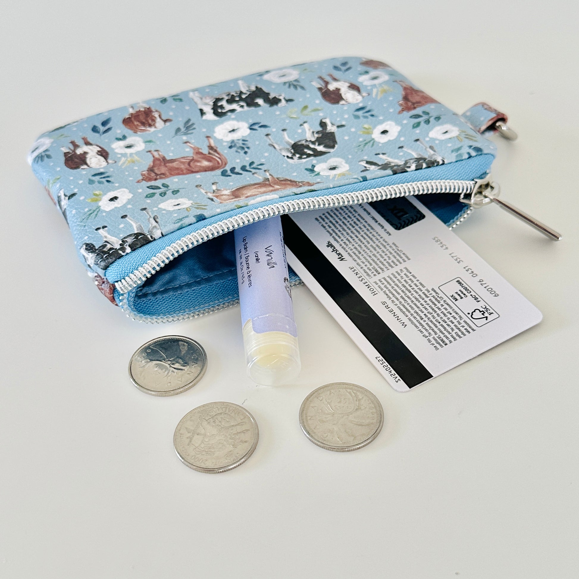 blue floral cow vegan leather coin purse
