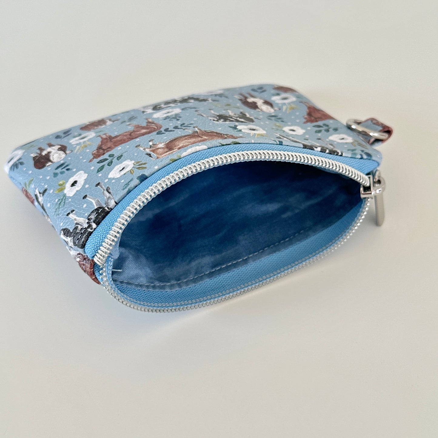blue floral cow vegan leather coin purse