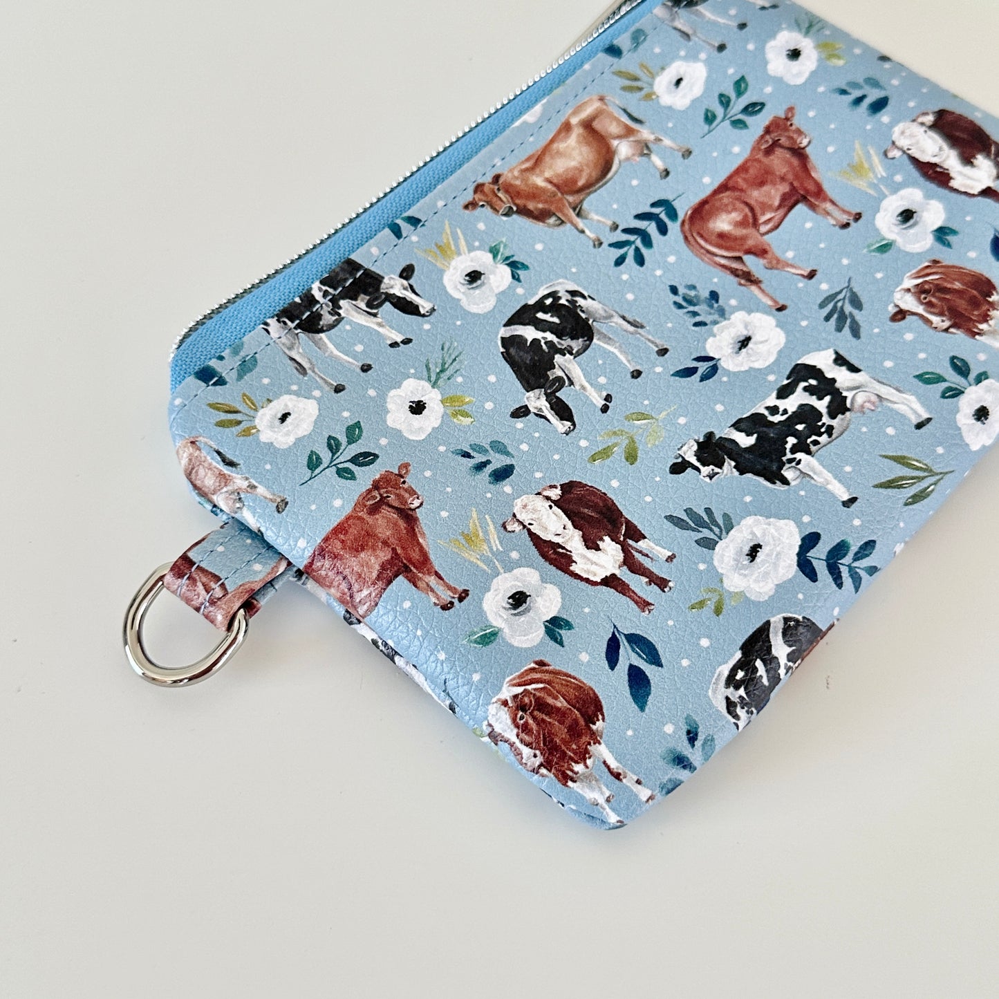 blue floral cow vegan leather coin purse