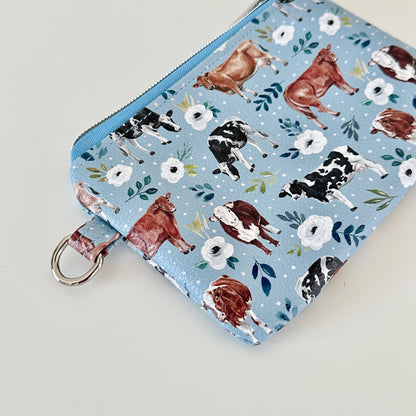 blue floral cow vegan leather coin purse