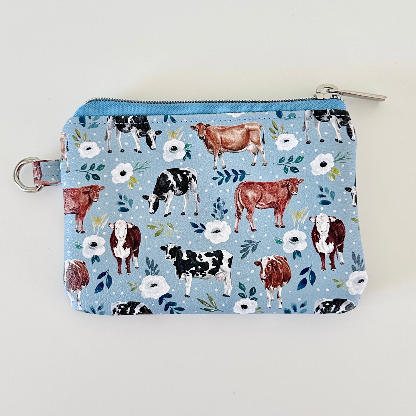 blue floral cow vegan leather coin purse