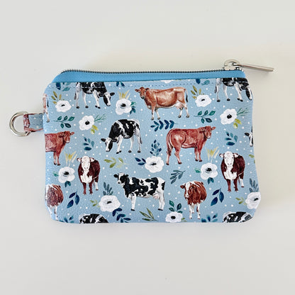 blue floral cow vegan leather coin purse