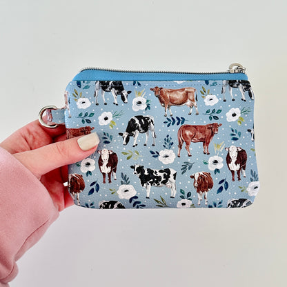 blue floral cow vegan leather coin purse