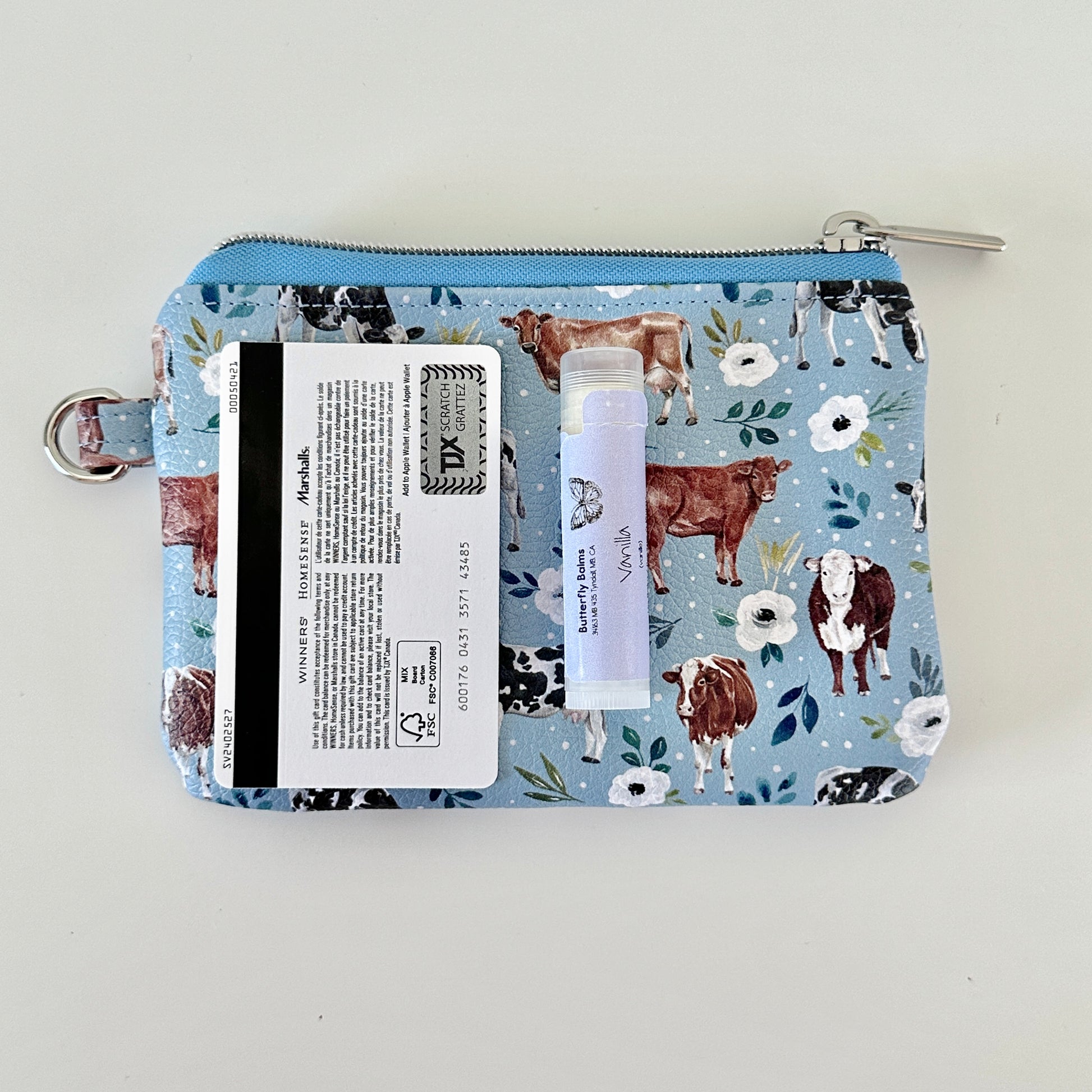 blue floral cow vegan leather coin purse