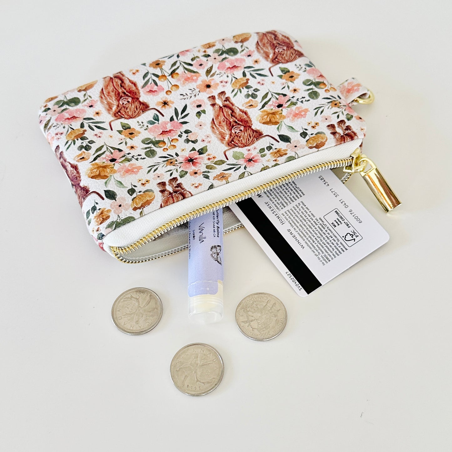 white highland cow coin purse made from vegan leather. 