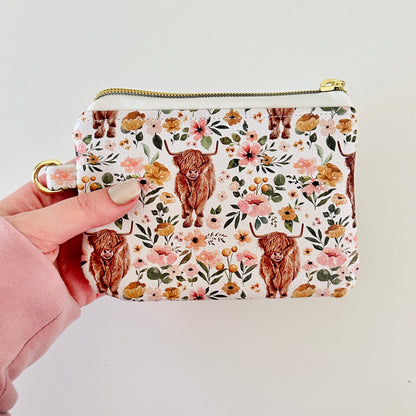 white highland cow coin purse made from vegan leather. 