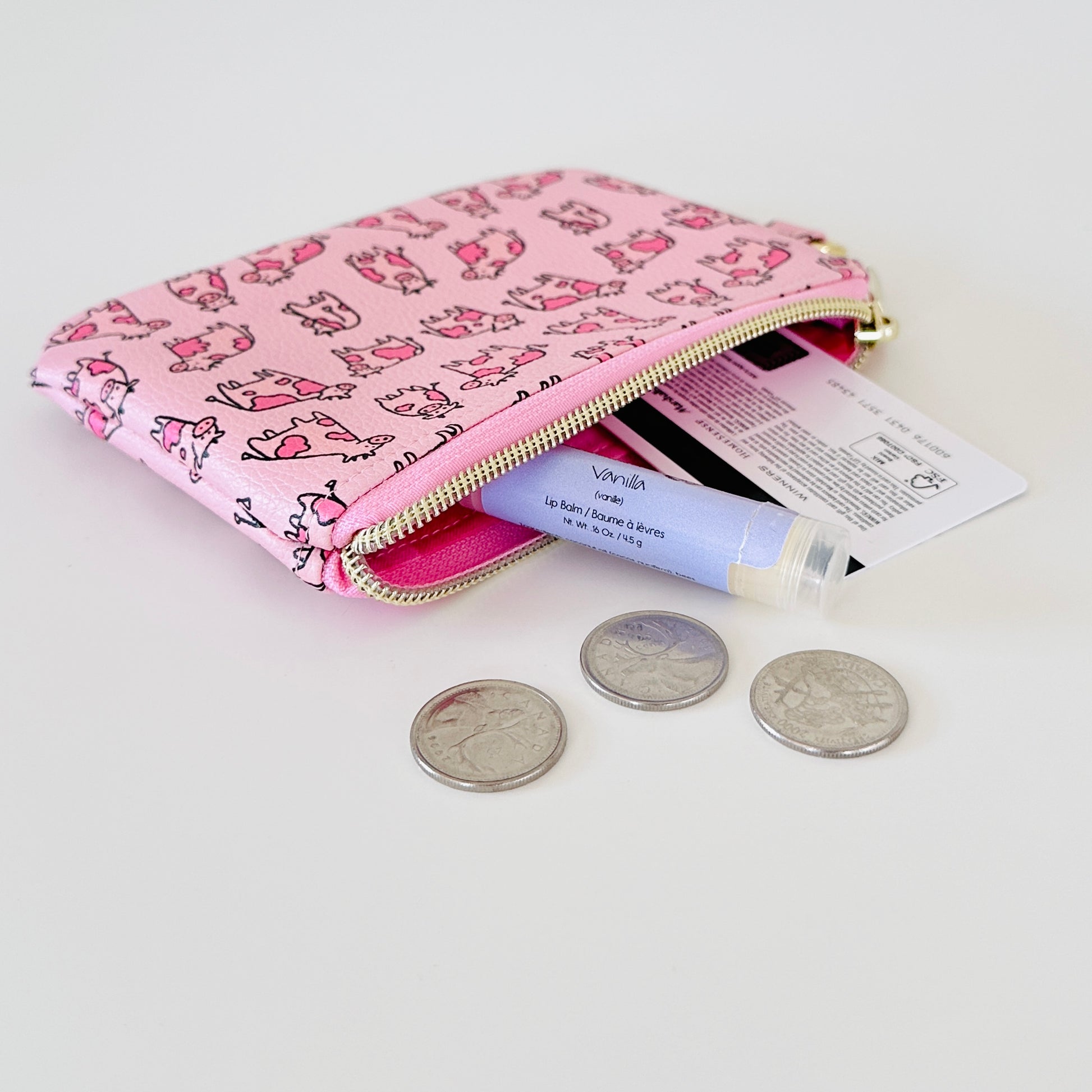 pink cow coin purse made from vegan leather