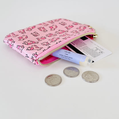pink cow coin purse made from vegan leather