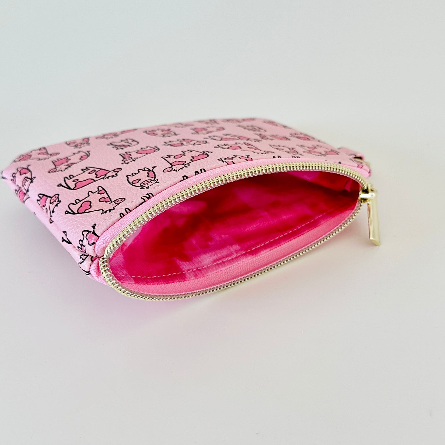 pink cow coin purse made from vegan leather