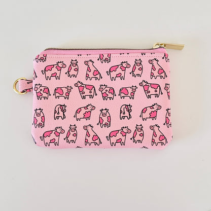 pink cow coin purse made from vegan leather