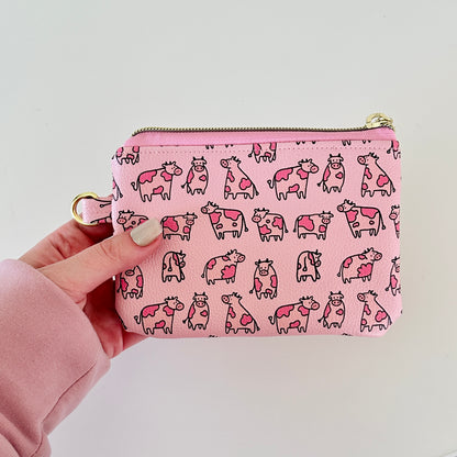 pink cow coin purse made from vegan leather