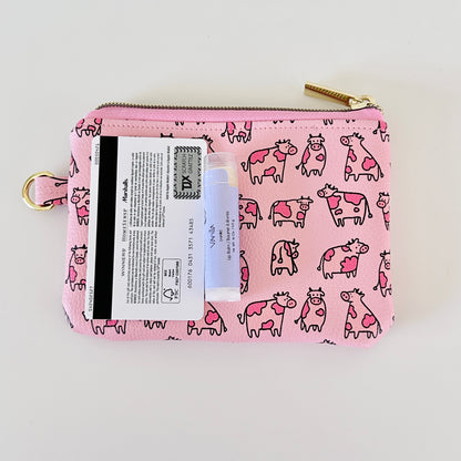 pink cow coin purse made from vegan leather