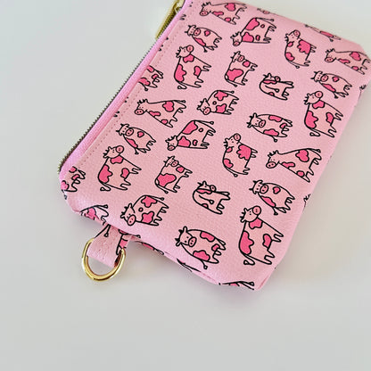 pink cow coin purse made from vegan leather