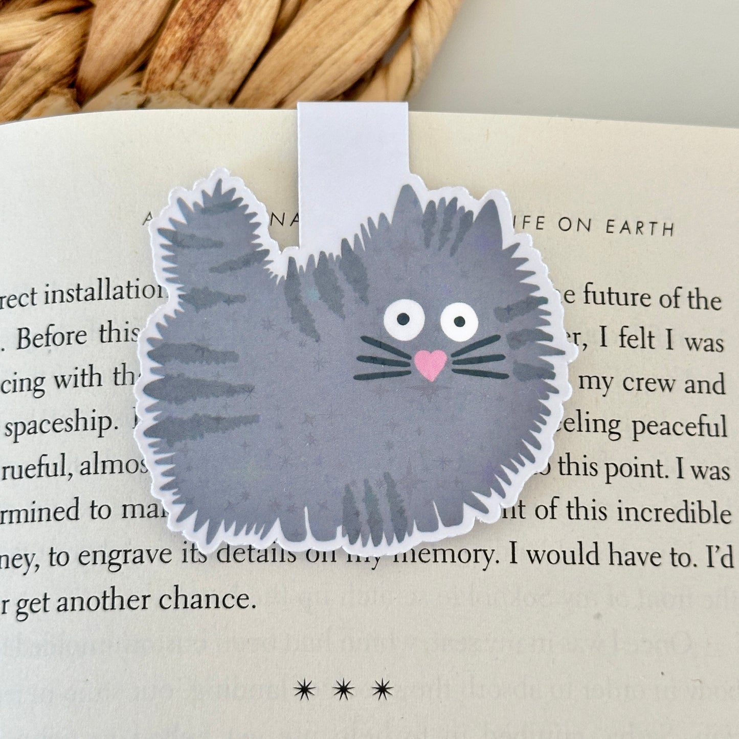 grey cat bookmark on an open book