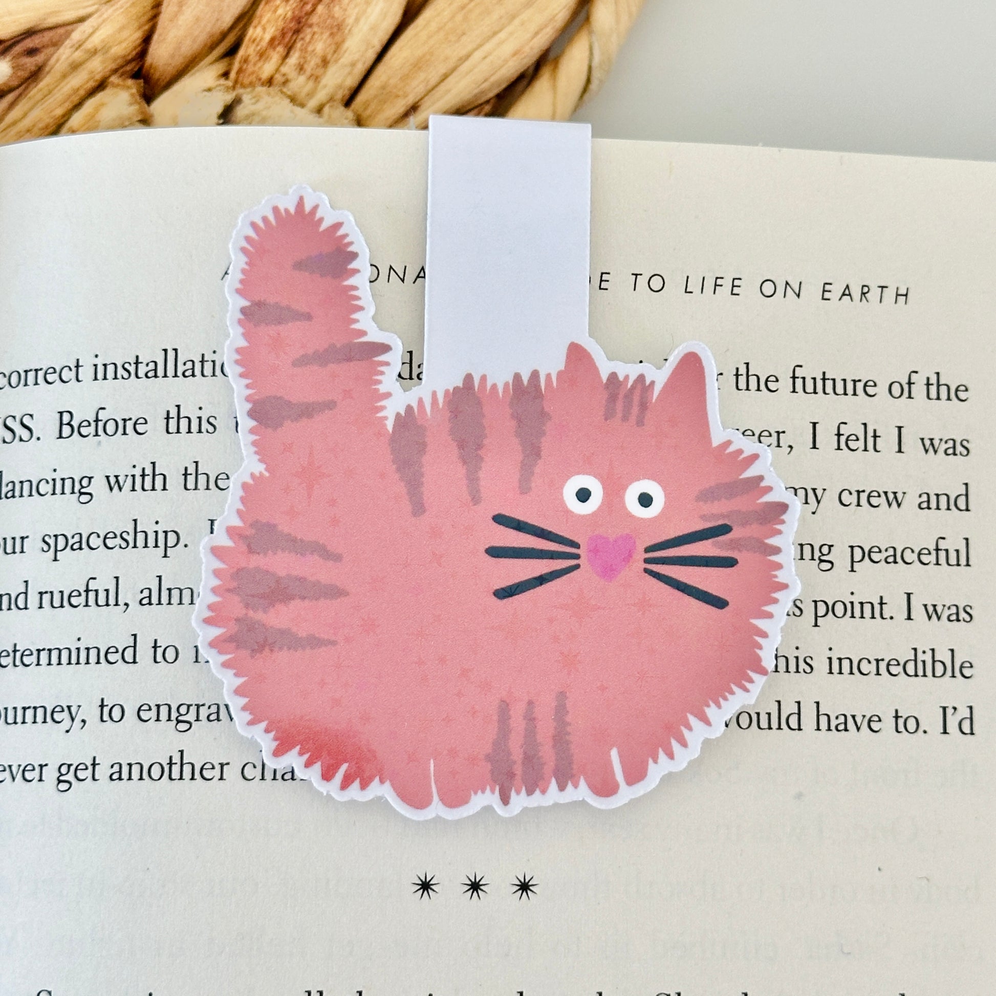 Magnetic bookmark with an orange cat design held by a hand on a fluffy gray surface