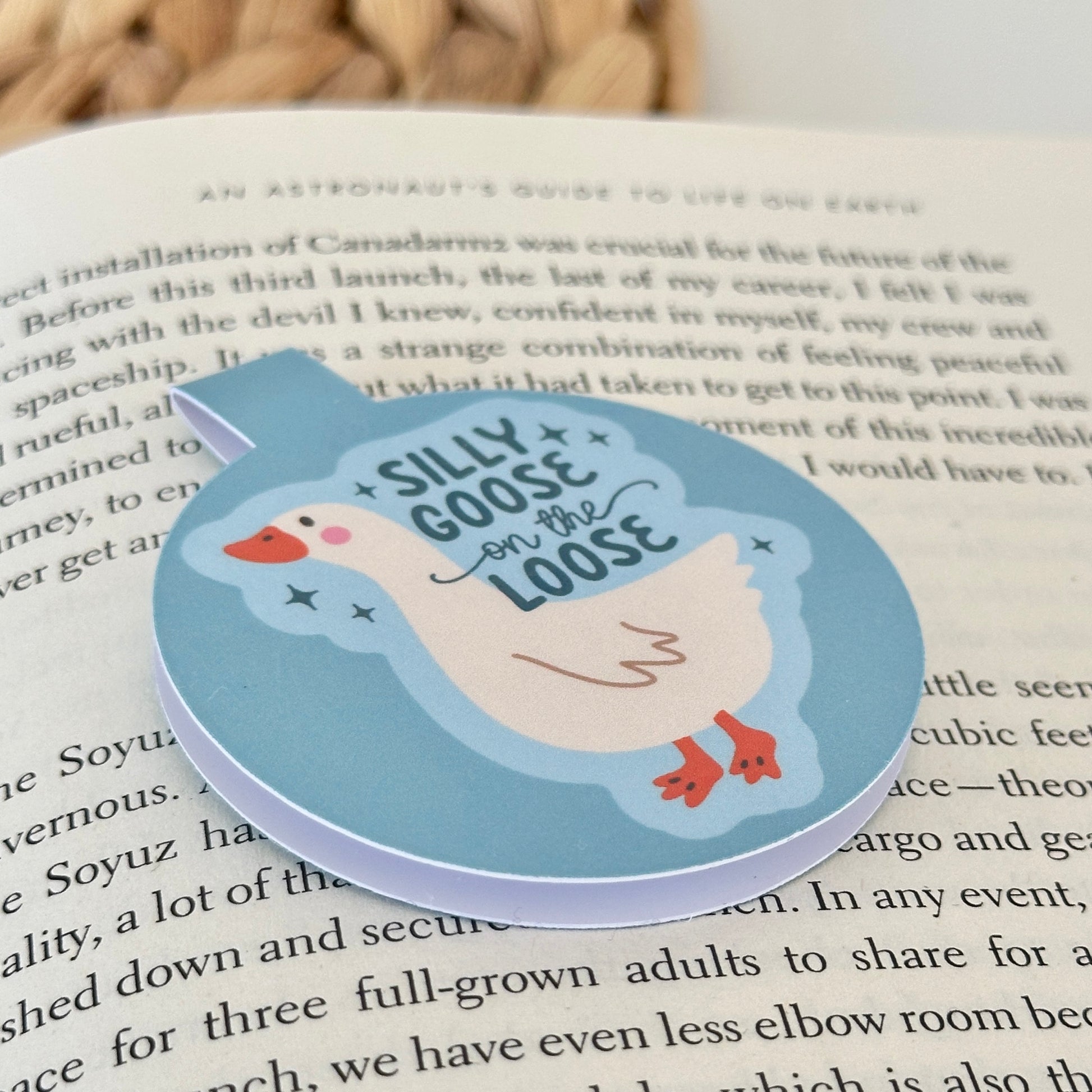 Bookmark with a cartoon goose and text 'Silly Goose on the Loose' on an open book.