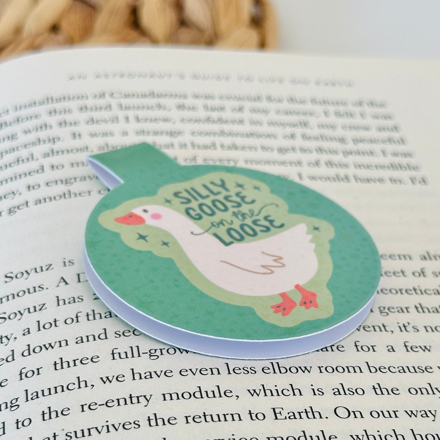 Round magnetic bookmark with a goose illustration and text 'Silly Goose on the Loose' on a book page.