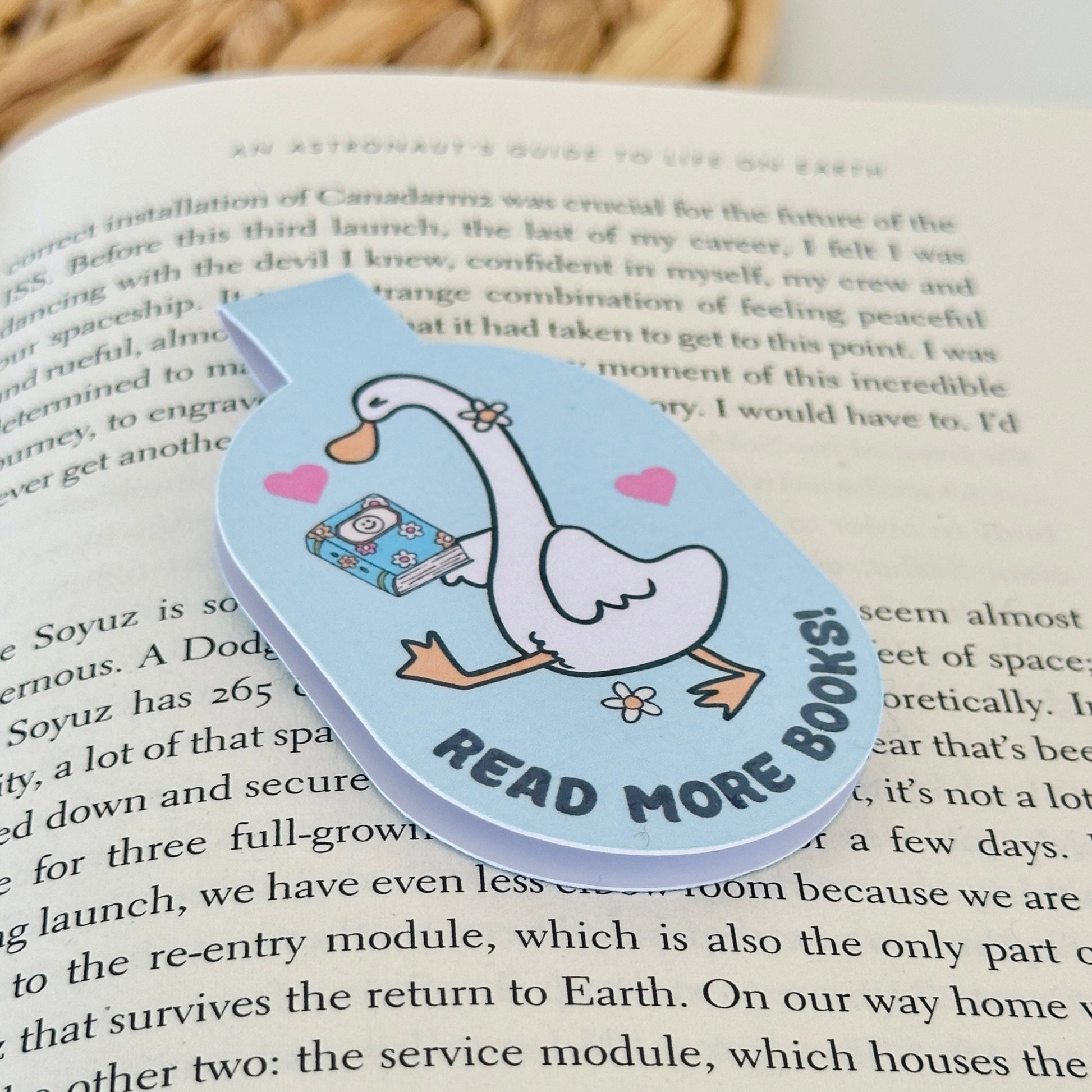 Bookmark with a goose holding a book and 'Read More Books!' text on an open book.