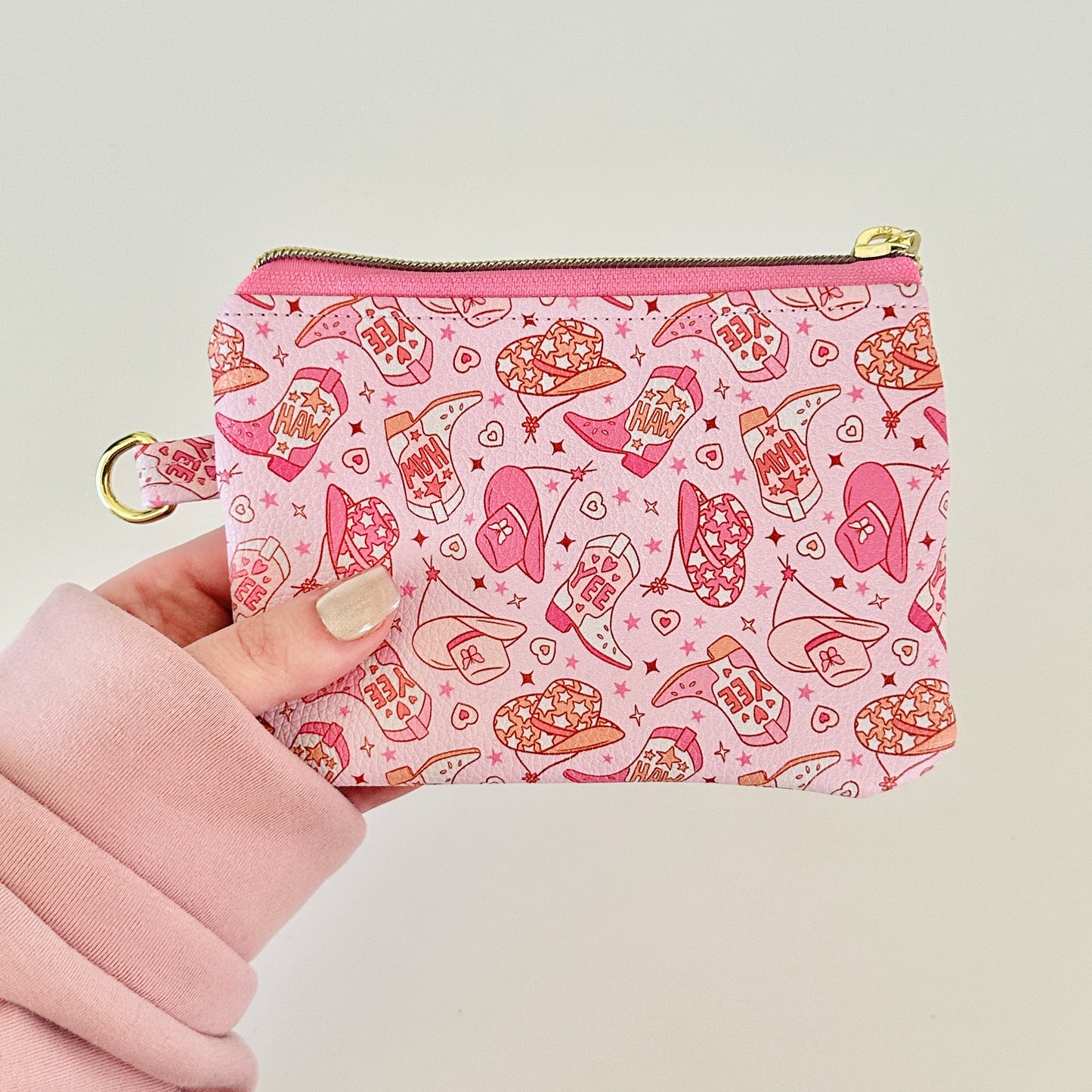 pink cowgirl coin purse made from vegan leather
