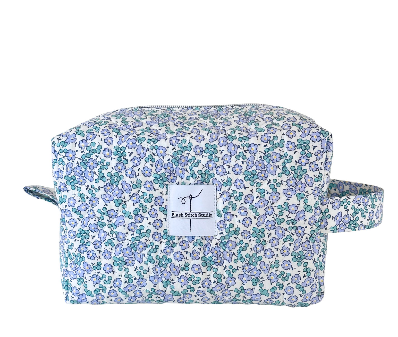 Blue Floral Quilted Makeup bag. Made in Canada