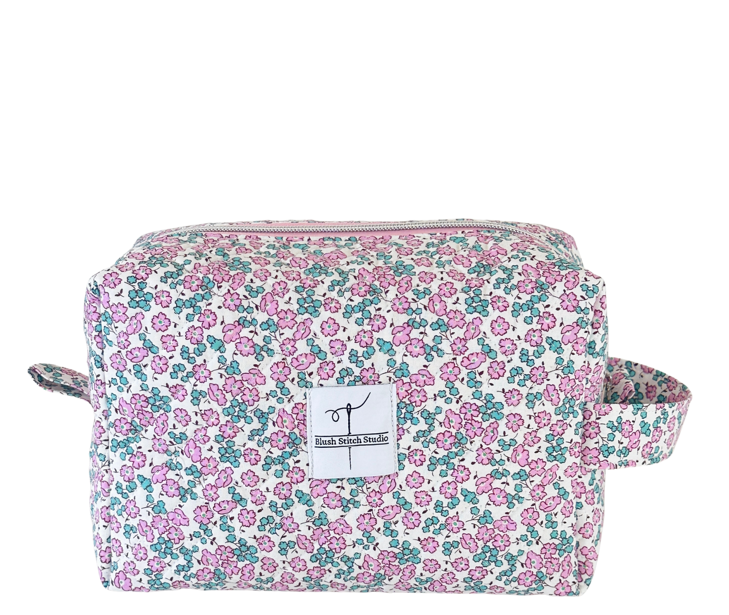 Pink Floral Quilted Makeup Bag. Made in Canada