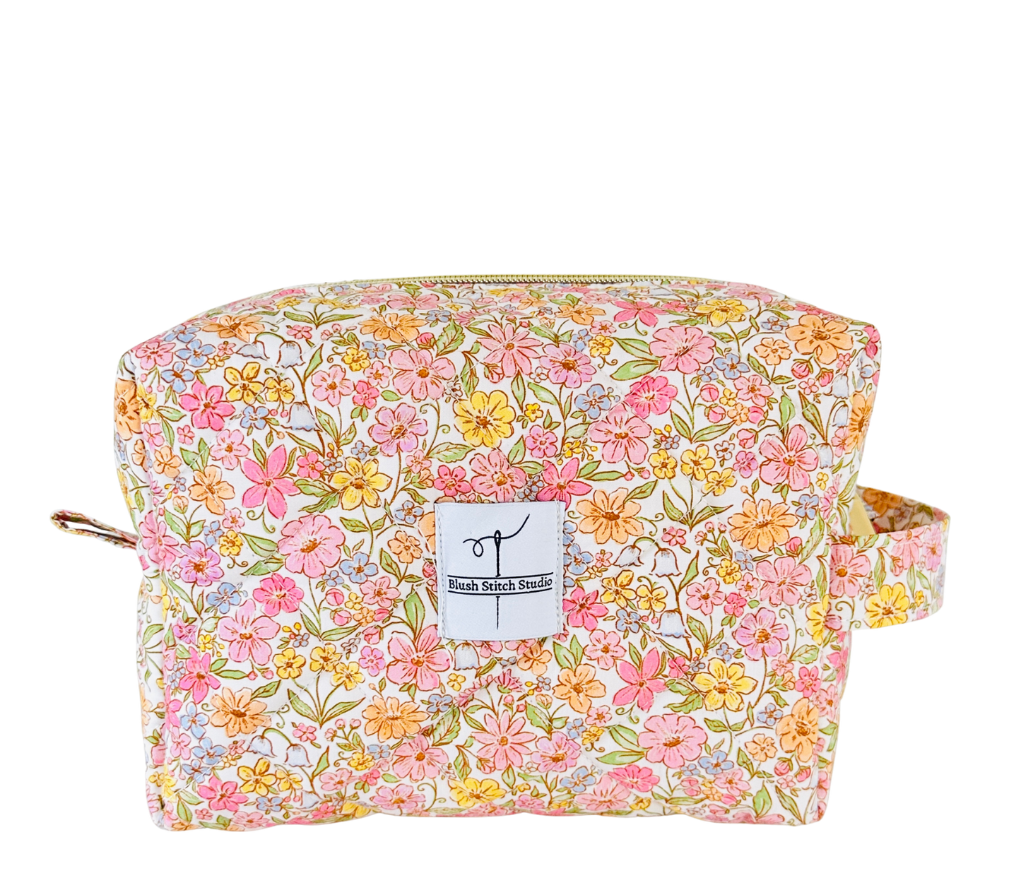 rainbow floral quilted makeup bag. made in canada