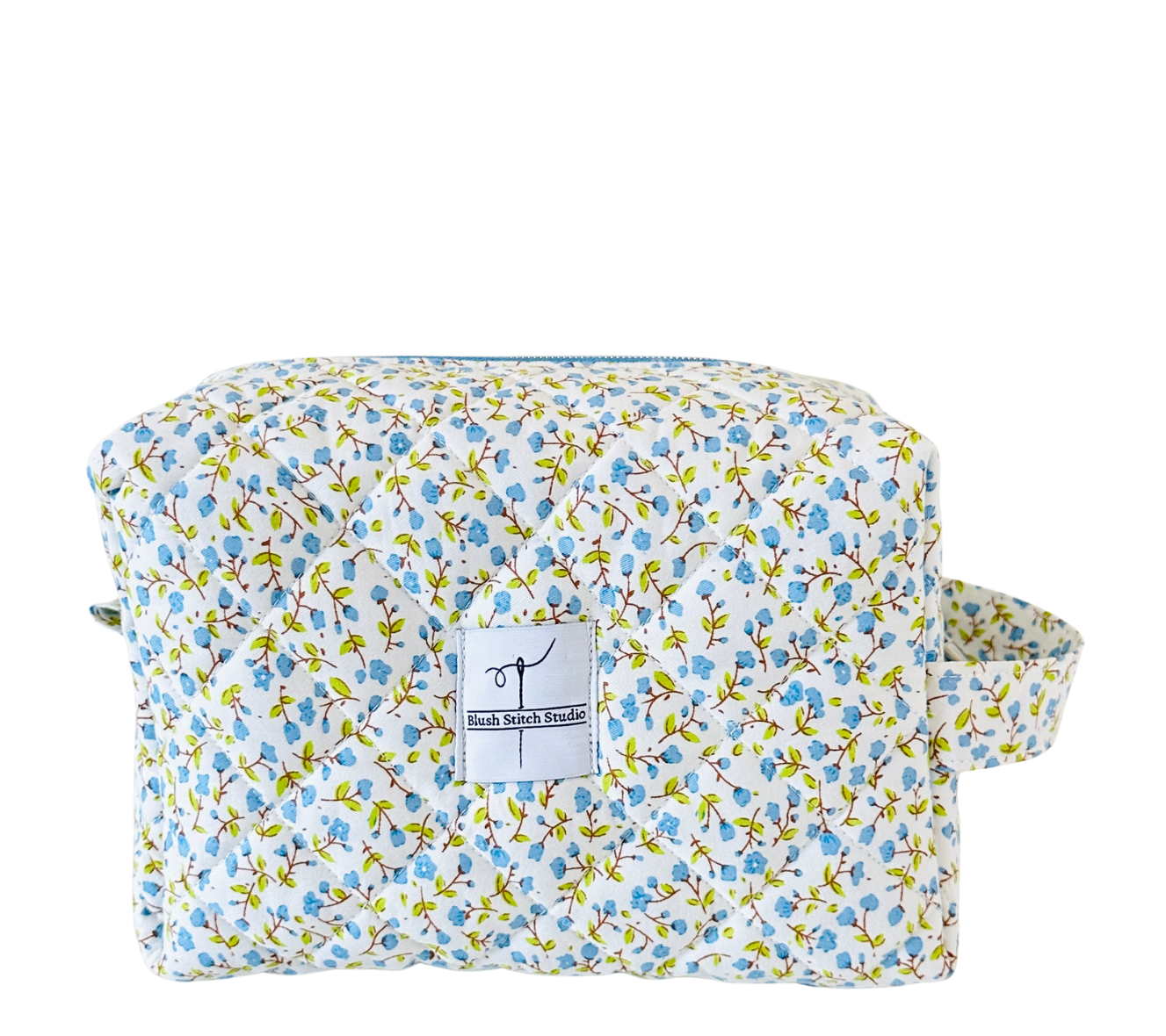 blue quilted makeup bag. handmade in canada. 