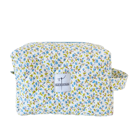 blue quilted makeup bag. handmade in canada. 