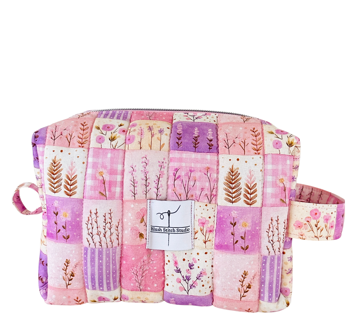 pink quilted patchwork makeup bag. made in canada. 