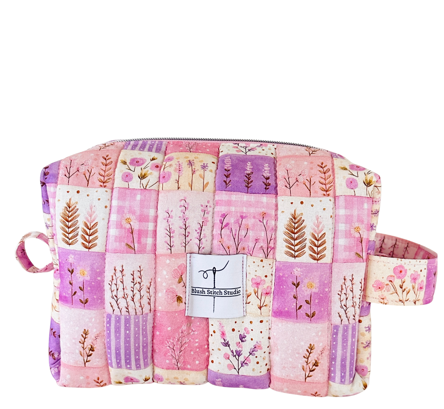 pink quilted patchwork makeup bag. made in canada. 