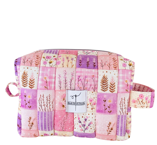 pink quilted patchwork makeup bag. made in canada. 