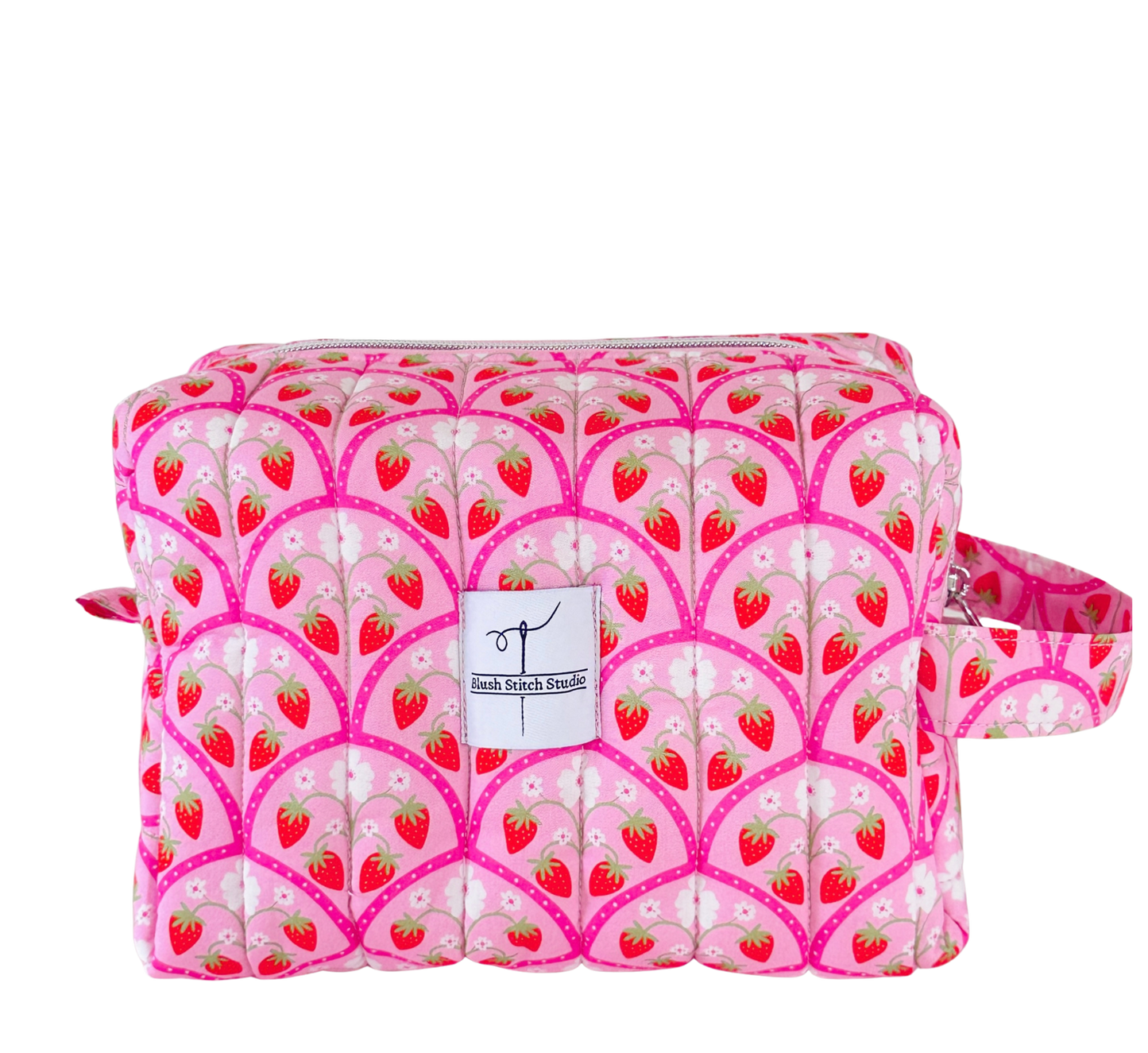 quilted pink strawberry makeup bag cosmetic pouch. made in canada. 