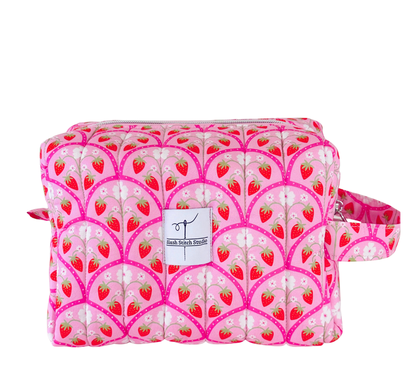 quilted pink strawberry makeup bag cosmetic pouch. made in canada. 