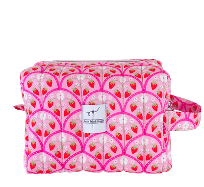 quilted pink strawberry makeup bag cosmetic pouch. made in canada. 