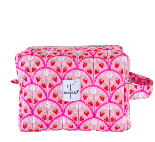 quilted pink strawberry makeup bag cosmetic pouch. made in canada. 