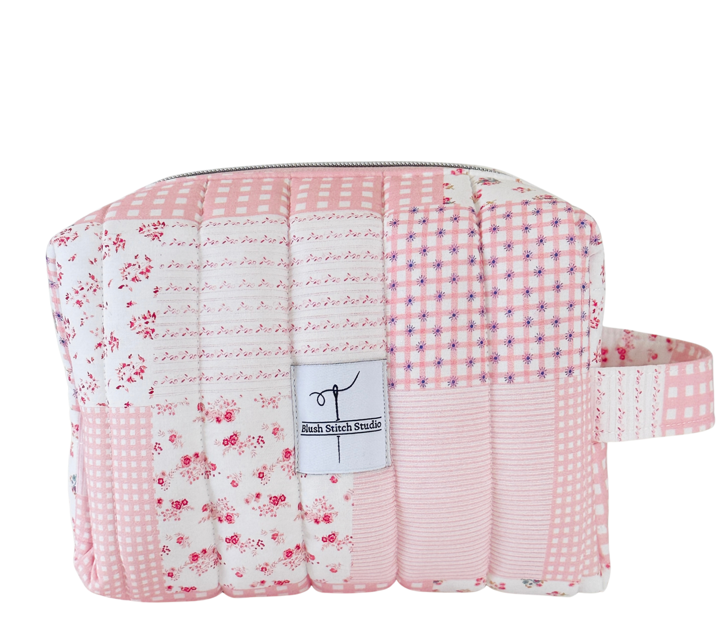 pink patchwork quilted makeup bag. made in canada