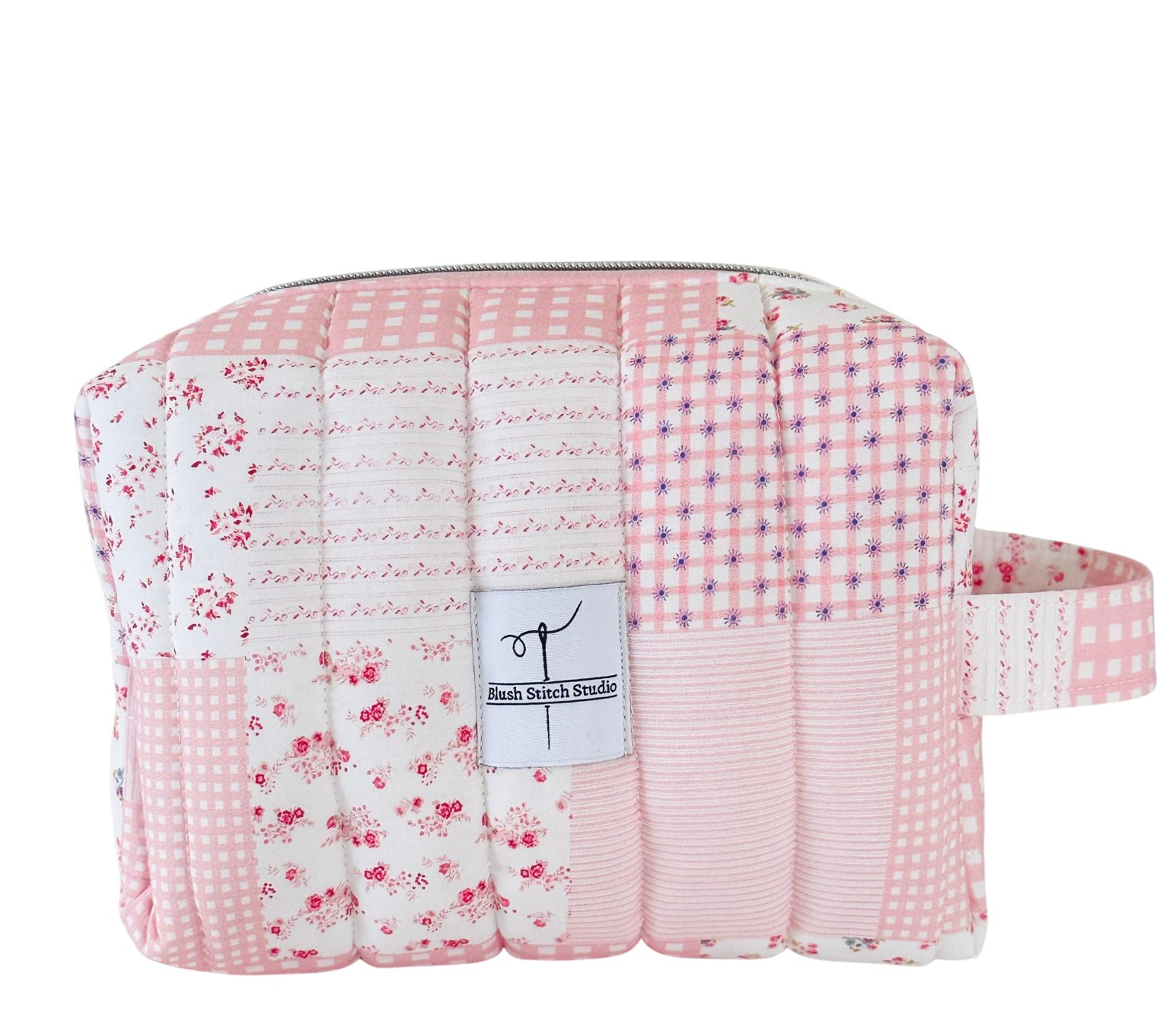 pink patchwork quilted makeup bag. made in canada
