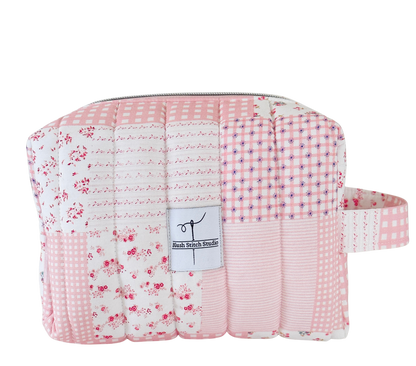 pink patchwork quilted makeup bag. made in canada