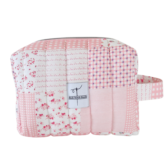 pink patchwork quilted makeup bag. made in canada